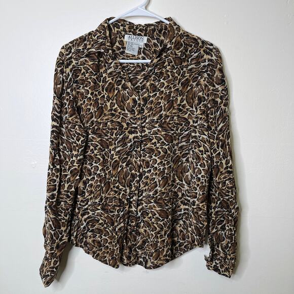 Vintage Allison Taylor 100% Silk Leopard Blouse Large Brown Animal Print - Picture 1 of 4